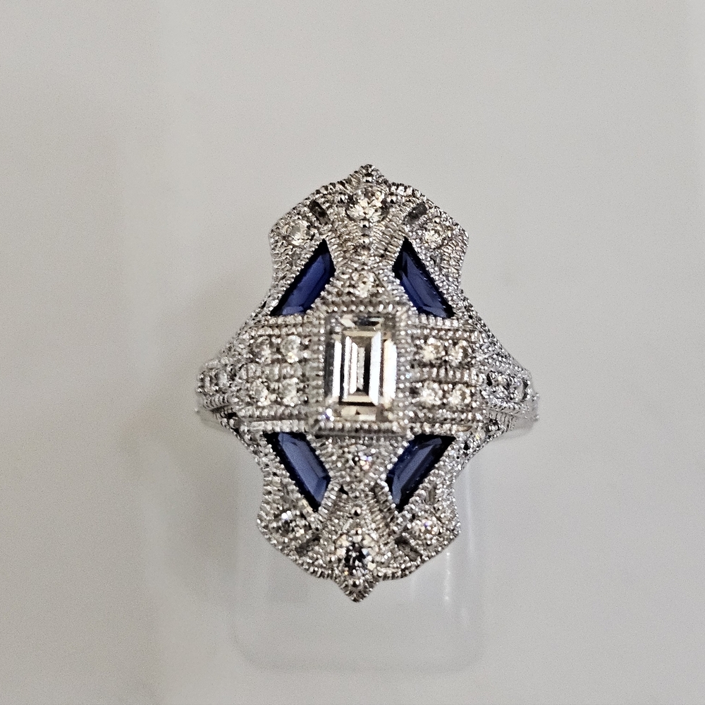 Beautiful Blue Sapphire & White Diamond Simulant Sterling Silver Ring Sz 6!